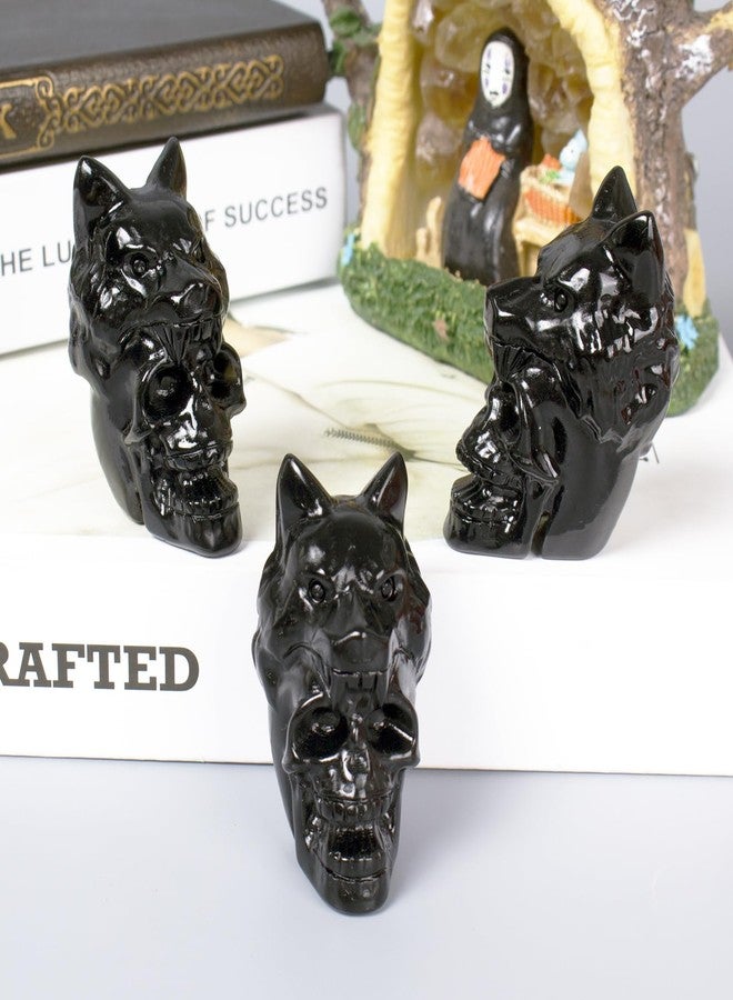 Ytbeoxk 2.17 Inch Crystal Skull with Wolf Head Figurine Decor, Black Obsidian Skull with Wolf Head Statue Decor for Home Office Desk, Hand Carved Healing Crystal Animal Statues Gifts for Women Men - Image 3